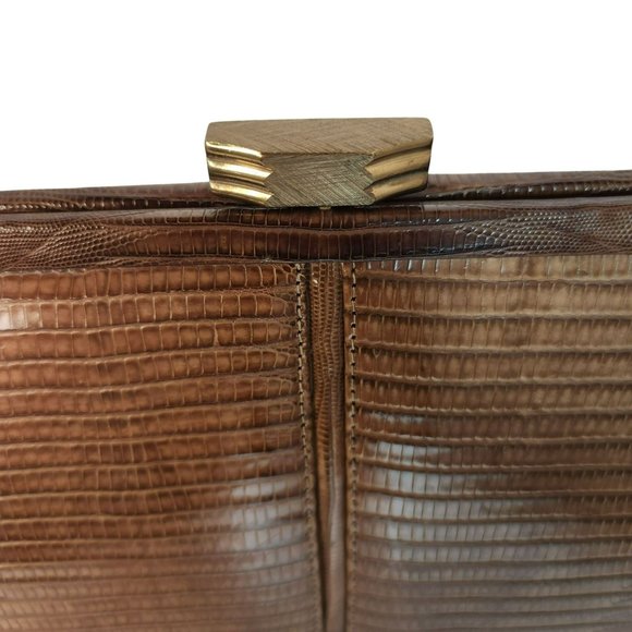 Vintage Palizzio Tegu Lizard Brown Rectangle Frame Closure 1960s Handbag - Picture 11 of 16